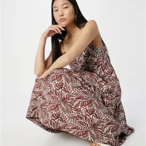 NWT Abercrombie Trapeze Tropical Print Tiered Midi Dress Brown White Small - Picture 2 of 9